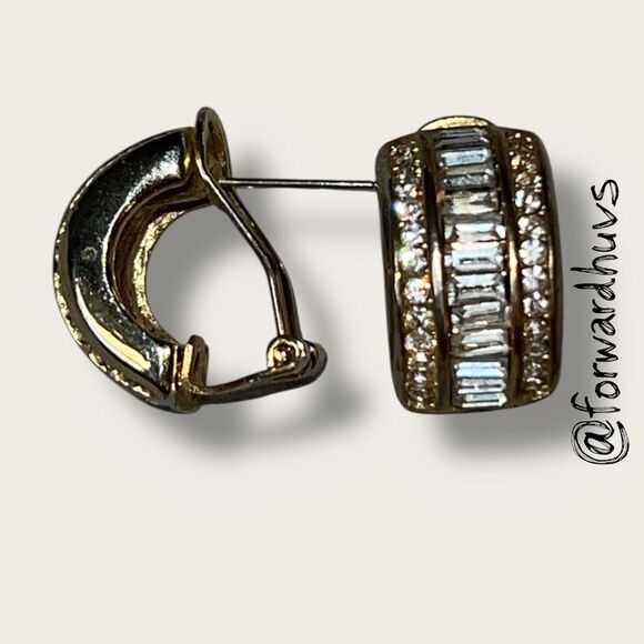 Gold Tone Earrings – Baguette & Round Cut Stones – Omega Back - Picture 1 of 8